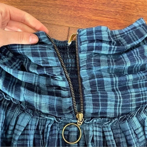 Ramy Brook Darla Pleated Mini Skirt Blue Plaid Zip Up Smocked School Girl XS - Picture 5 of 11